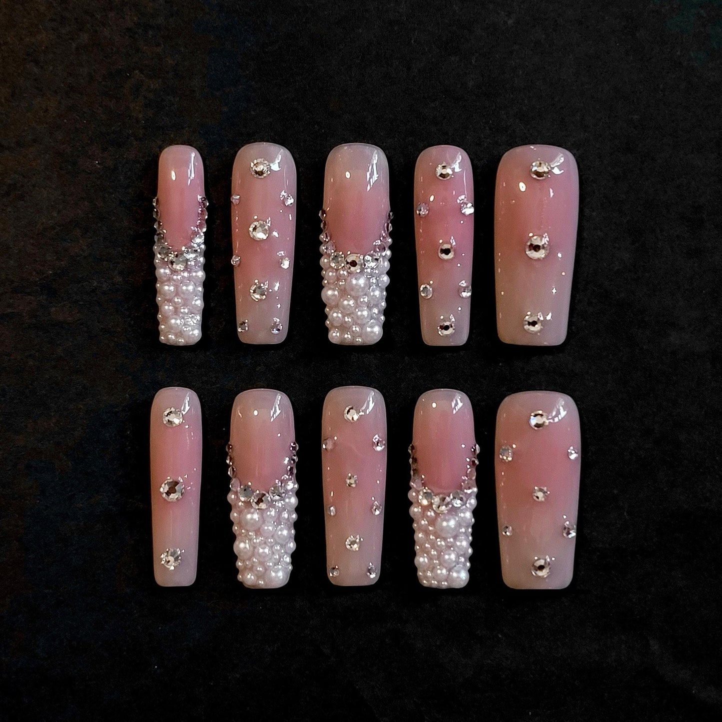 Da pearl| Pink blush Press on Nails,  French Nude Nails, Rhinestone bling Nails, Sparkly Diamond Nails, jewel nail, pearlescent nail,