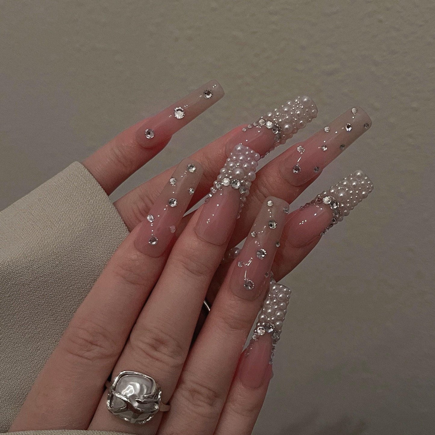 Da pearl| Pink blush Press on Nails,  French Nude Nails, Rhinestone bling Nails, Sparkly Diamond Nails, jewel nail, pearlescent nail,