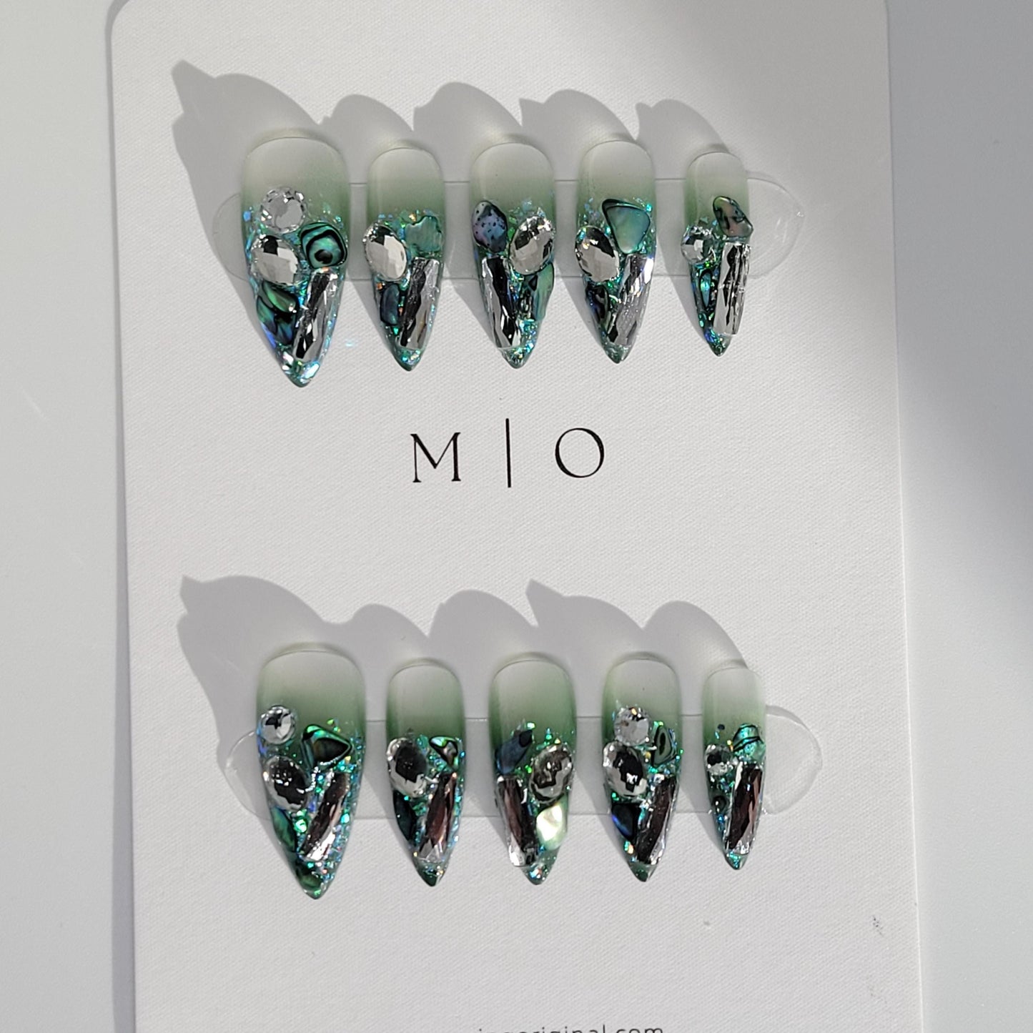 Mystery Christmas bling press on nails, green shells and ombre glue on glittery crystal nails, reuse nails, jelly fake nail, MO278