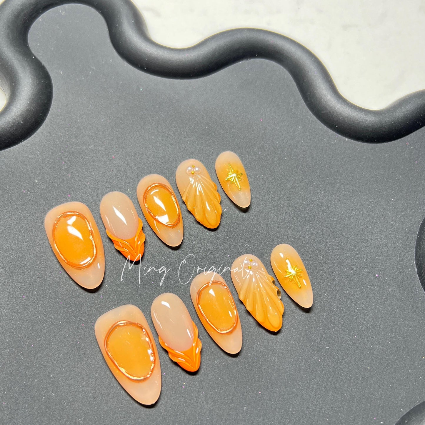 3D Orange Tone Mermaid press on nails, Chrome Nail, reusable nail, jelly fake nail