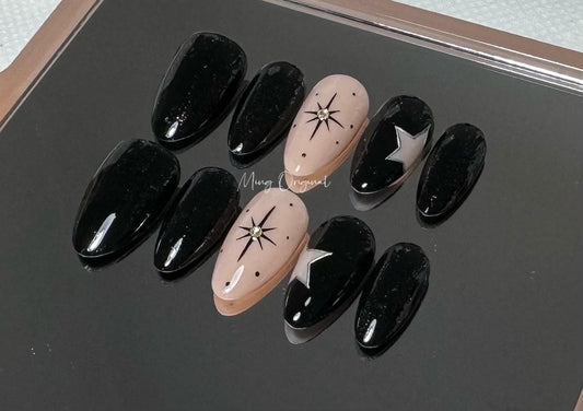 Simple black and silver glitter star Press on Nails, nude everyday nail , glue on nail, holiday Christmas birthday gift for her,MO336