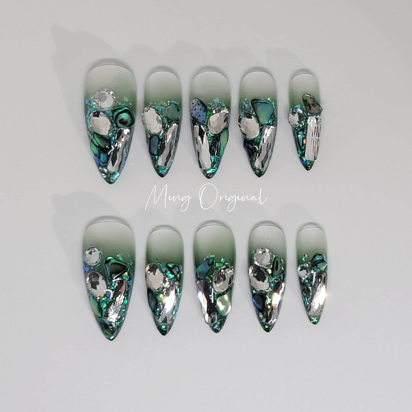 Mystery Christmas bling press on nails, green shells and ombre glue on glittery crystal nails, reuse nails, jelly fake nail, MO278