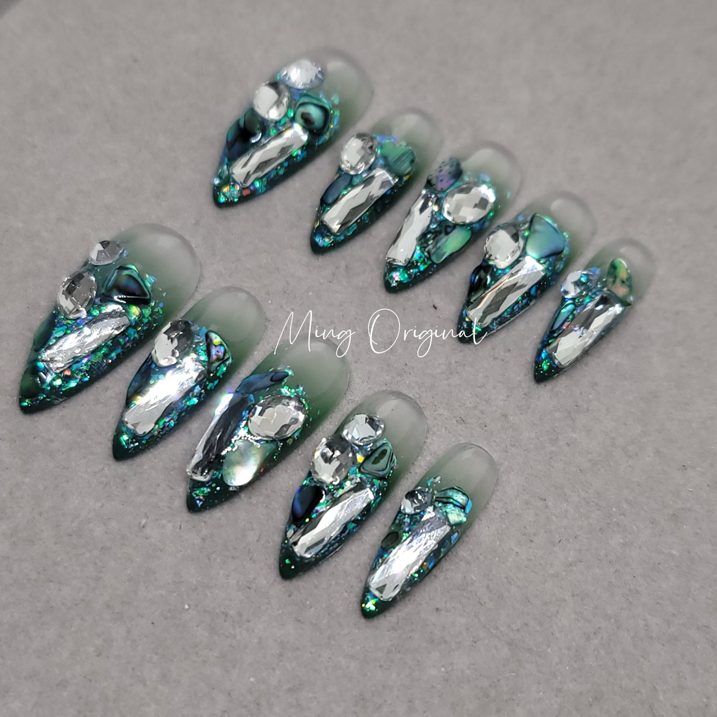 Mystery Christmas bling press on nails, green shells and ombre glue on glittery crystal nails, reuse nails, jelly fake nail, MO278