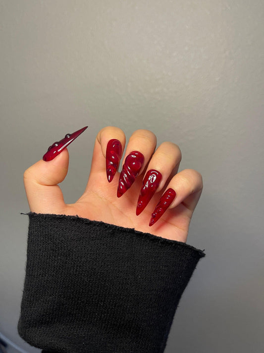 3D Y2K Red bloody press on nails, semitransparent Halloween vampires reusable nail, jelly fake nail
