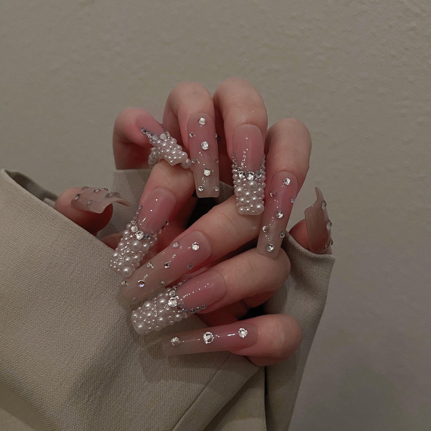 Da pearl| Pink blush Press on Nails,  French Nude Nails, Rhinestone bling Nails, Sparkly Diamond Nails, jewel nail, pearlescent nail,