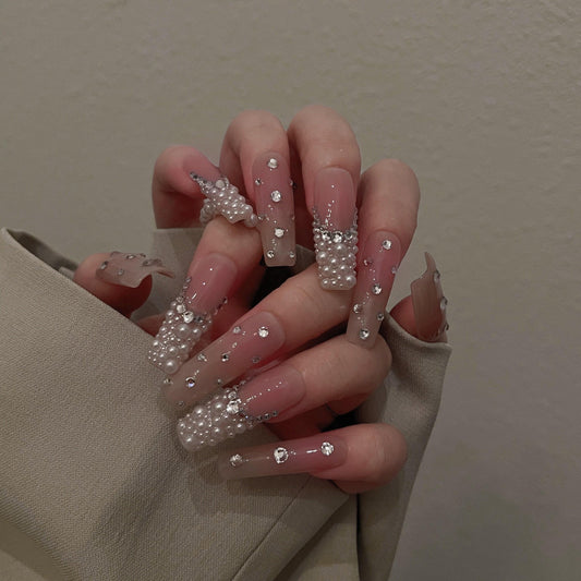 Da pearl| Pink blush Press on Nails,  French Nude Nails, Rhinestone bling Nails, Sparkly Diamond Nails, jewel nail, pearlescent nail,