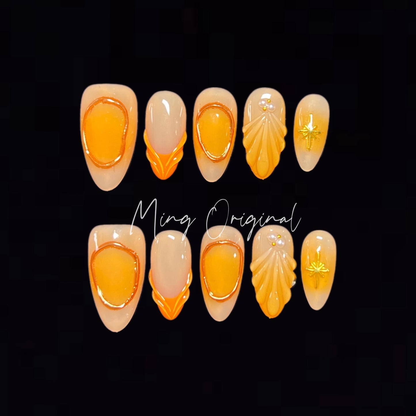 3D Orange Tone Mermaid press on nails, Chrome Nail, reusable nail, jelly fake nail