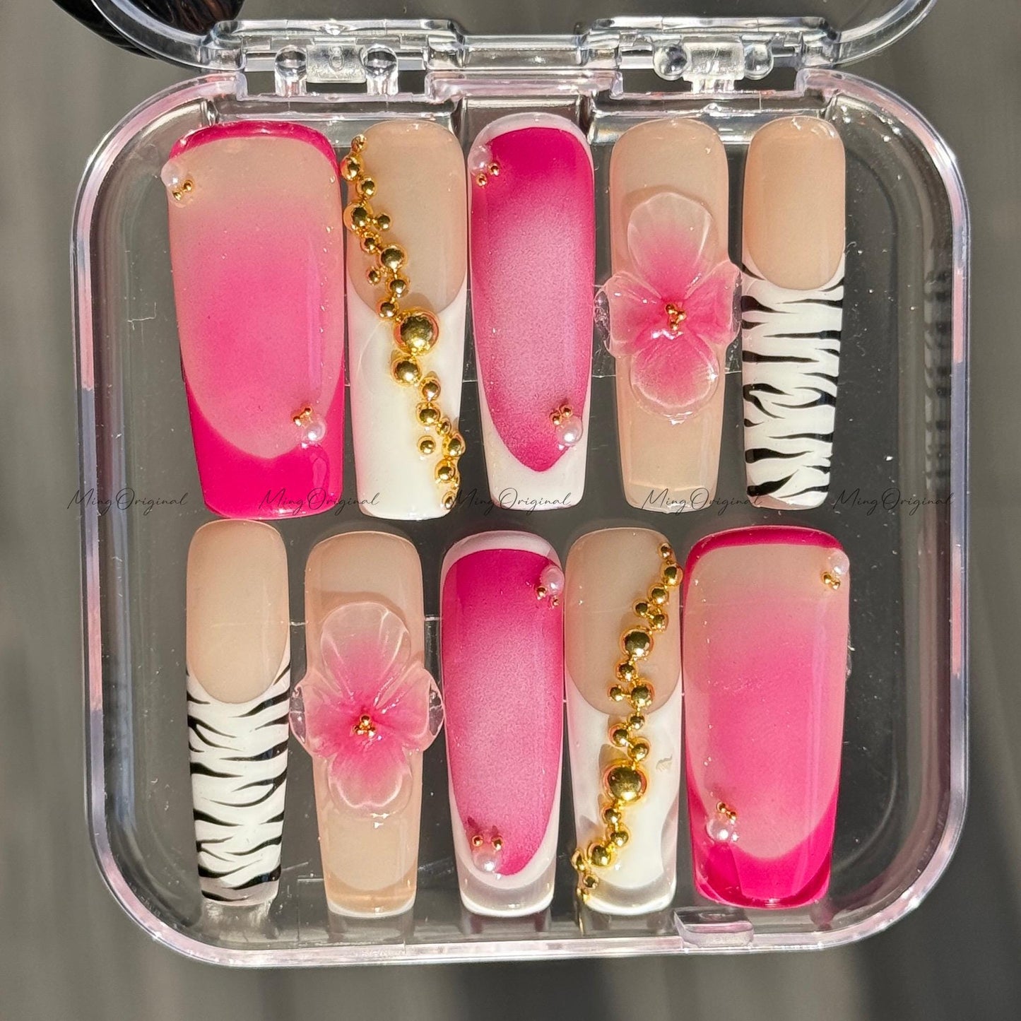 3D Pink Ombre Flower Zebra Print Gradient Fade Pink Press on Nails, Gold Decor Baby BoomerFake nails, Jelly Nails, gift for her, MO499