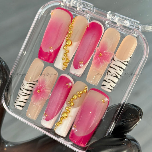 3D Pink Ombre Flower Zebra Print Gradient Fade Pink Press on Nails, Gold Decor Baby BoomerFake nails, Jelly Nails, gift for her, MO499