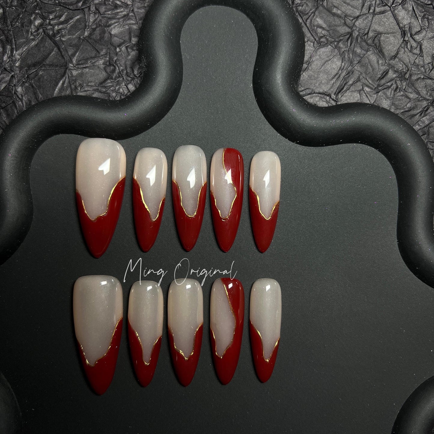 Free Style Red French Tip press on nails, abstract chrome line, Holiday Fake Nails, Gifts for Her