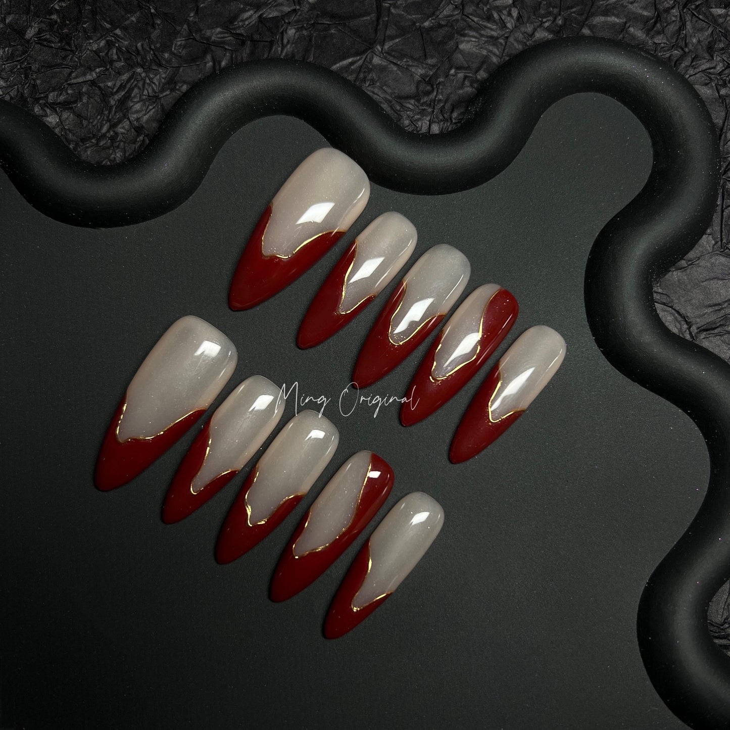 Free Style Red French Tip press on nails, abstract chrome line, Holiday Fake Nails, Gifts for Her