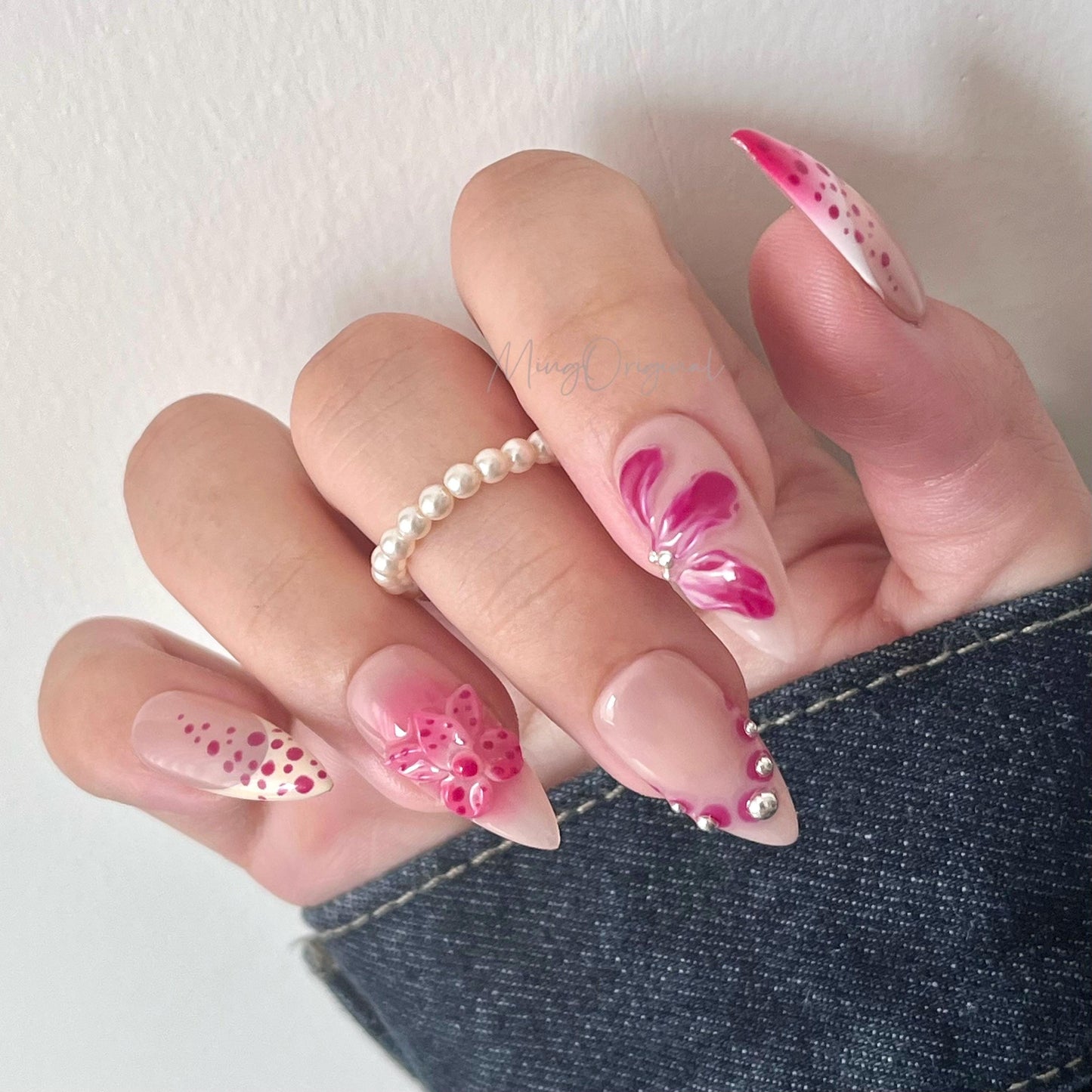 Pink and Pastel YellowColorful Vivid Blooming Flower Press on Nails, French tip Nails, Spring Summer, birthday holiday gift for her MO468