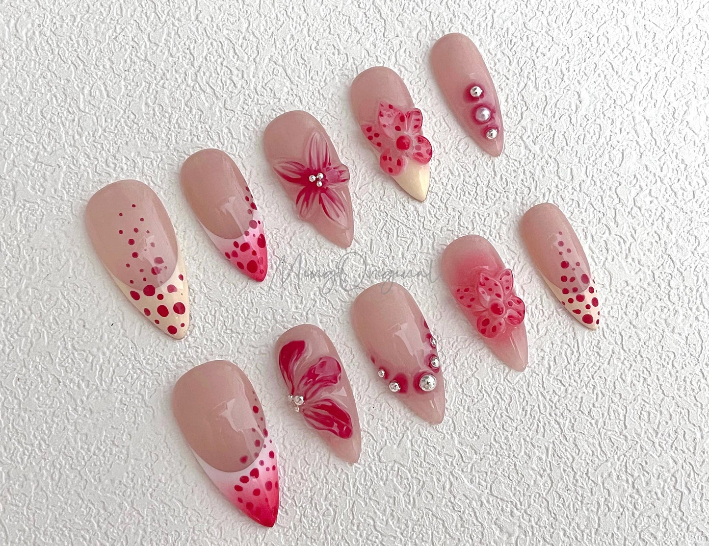 Pink and Pastel YellowColorful Vivid Blooming Flower Press on Nails, French tip Nails, Spring Summer, birthday holiday gift for her MO468