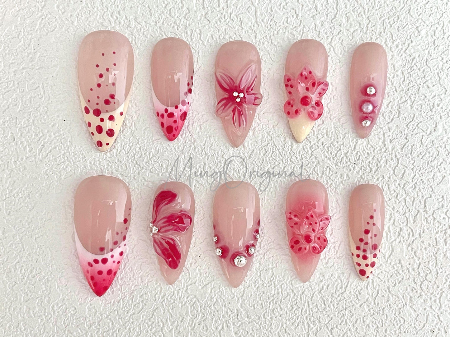 Pink and Pastel YellowColorful Vivid Blooming Flower Press on Nails, French tip Nails, Spring Summer, birthday holiday gift for her MO468