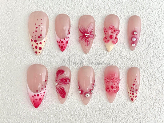 Pink and Pastel YellowColorful Vivid Blooming Flower Press on Nails, French tip Nails, Spring Summer, birthday holiday gift for her MO468