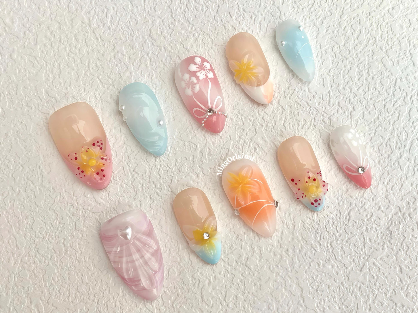 Aloha Bloom Summer Beach Vibe Flower Press on Nails, Colorful 3D nail, French tip Nails, Spring Summer, vacation holiday gift for her MO469