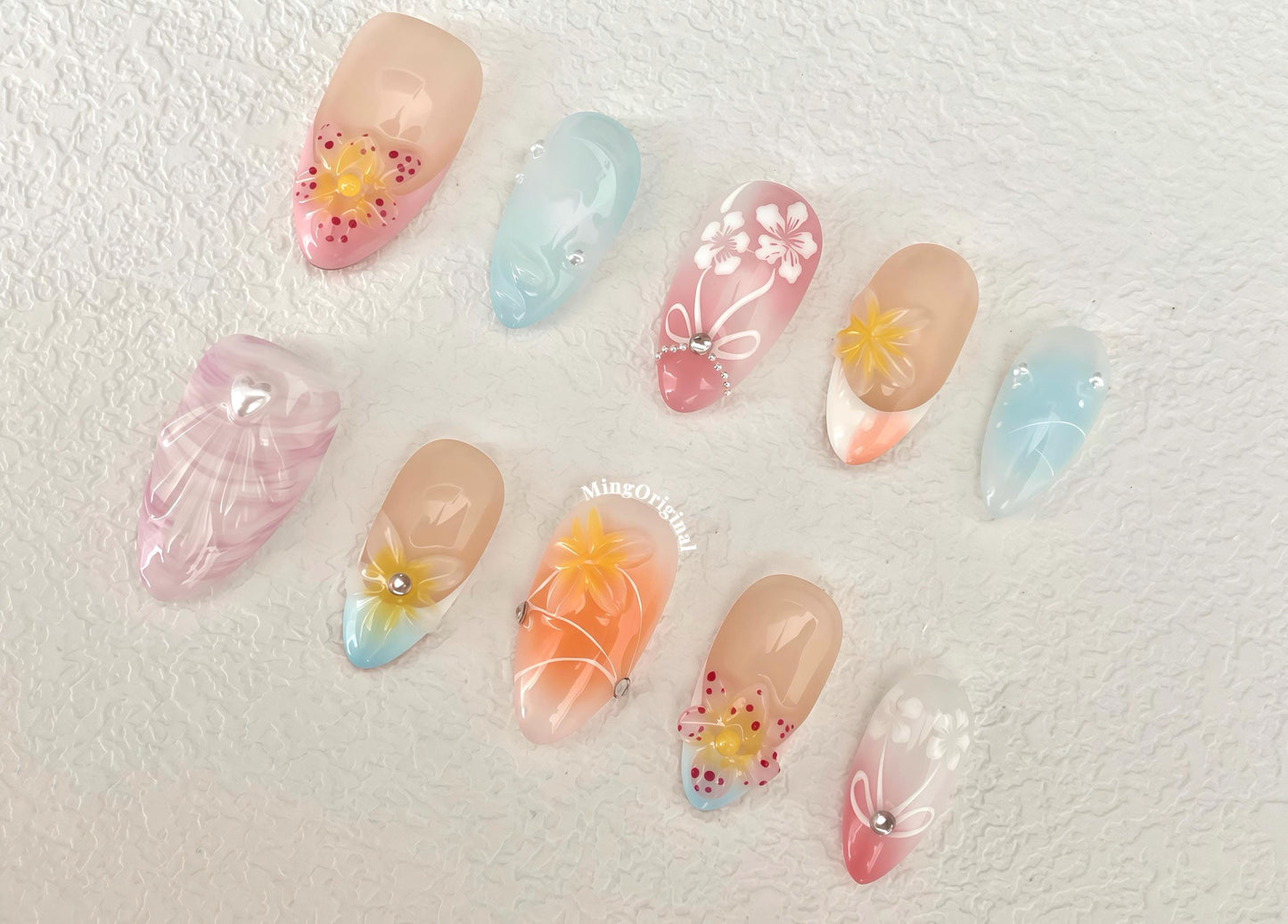 Aloha Bloom Summer Beach Vibe Flower Press on Nails, Colorful 3D nail, French tip Nails, Spring Summer, vacation holiday gift for her MO469