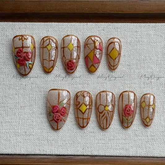 Stained Glass Window Free style Glitter Water Color press on nails, Rose and Coquette, hand painted flower nail, gift for mother, MO502