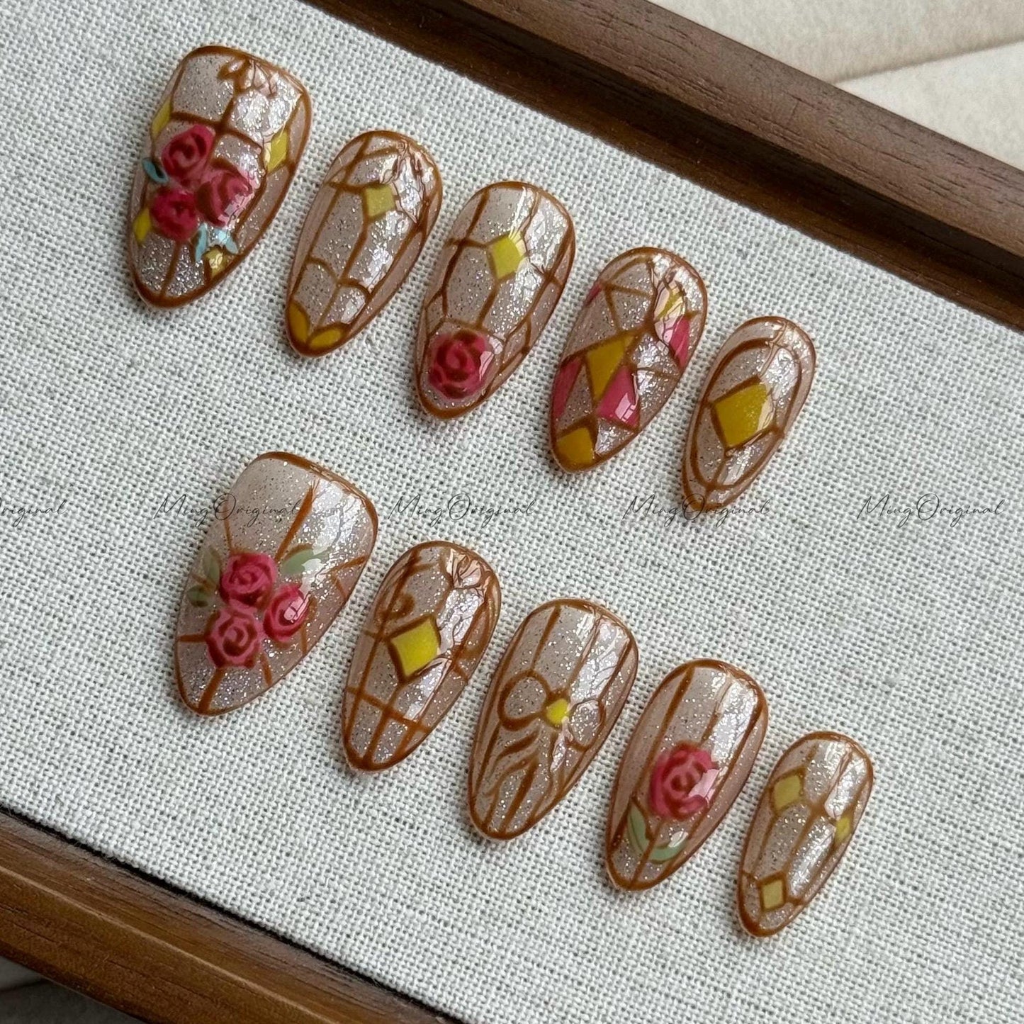 Stained Glass Window Free style Glitter Water Color press on nails, Rose and Coquette, hand painted flower nail, gift for mother, MO502