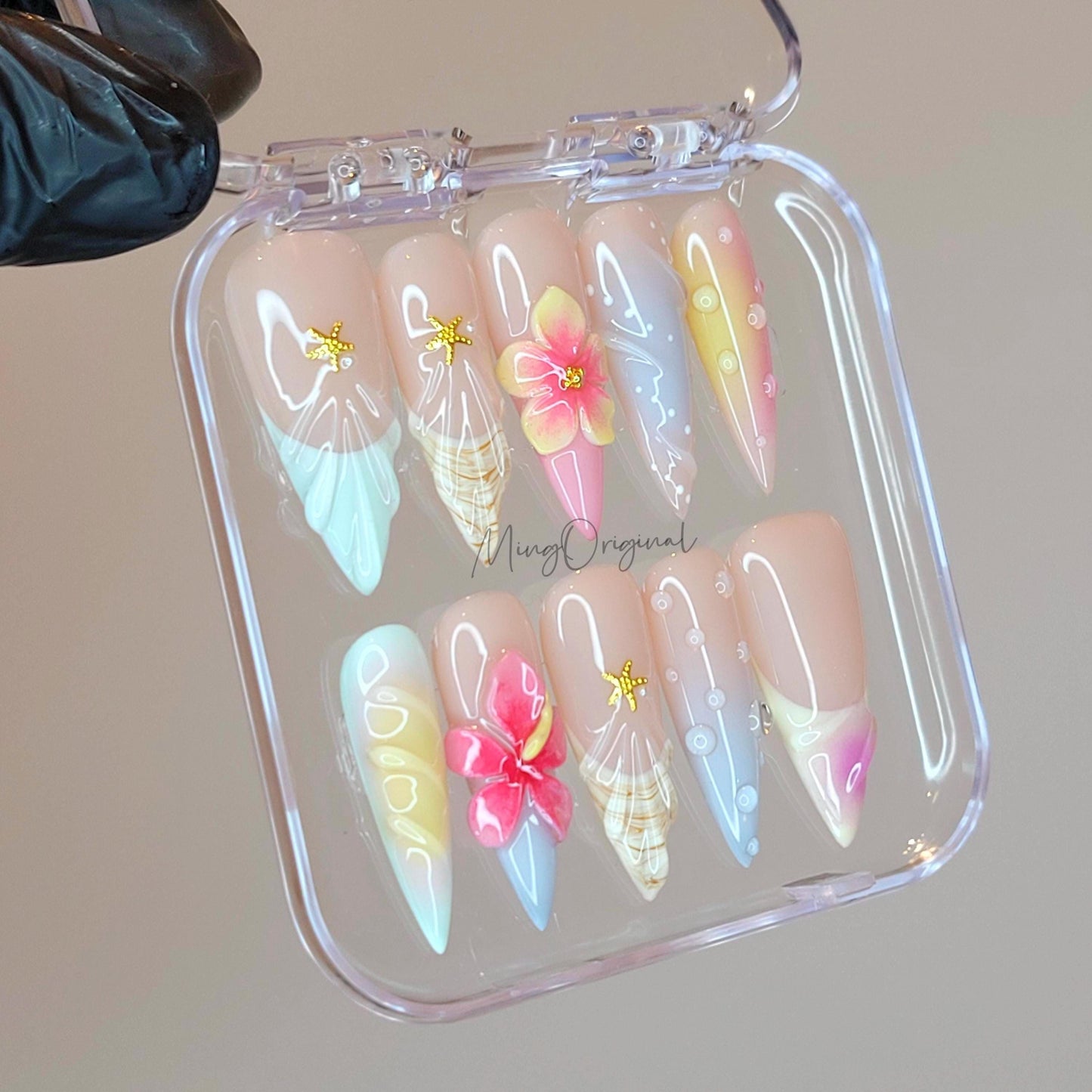 Coastal Bloom Summer Press On Nails, 3D Flowers & Paste Gradient Beachy Mermaid Vibes, Handmade gift for her, MO470