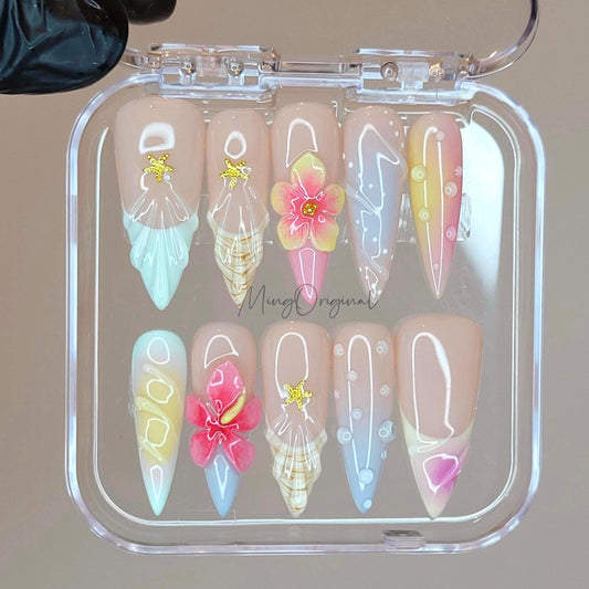 Coastal Bloom Summer Press On Nails, 3D Flowers & Paste Gradient Beachy Mermaid Vibes, Handmade gift for her, MO470