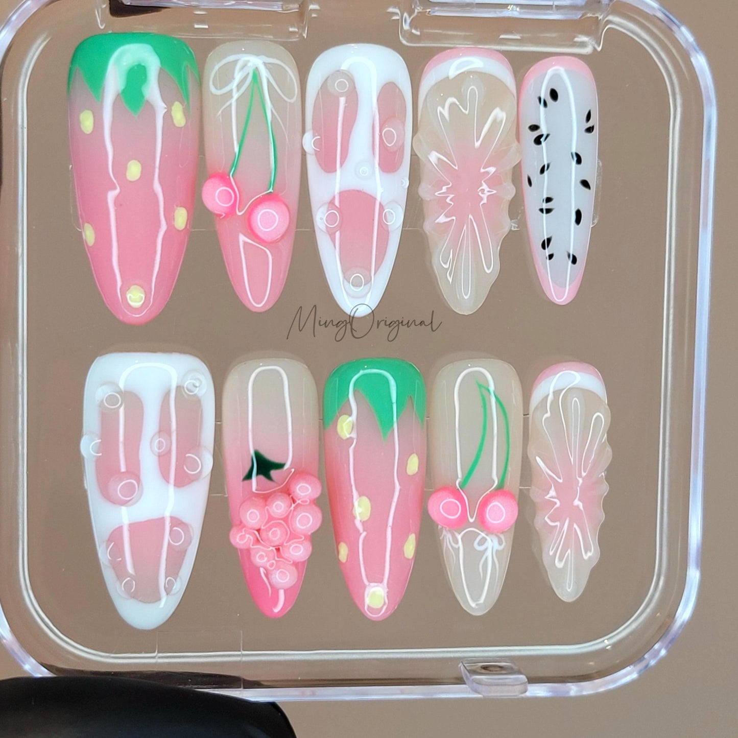 Juicy Fruits Summer Pink Cherry Fruit Lover press on nails,Fresh Look Candy Color Gifts for Her, strawberry Kiwi Watermelon, vacation MO472