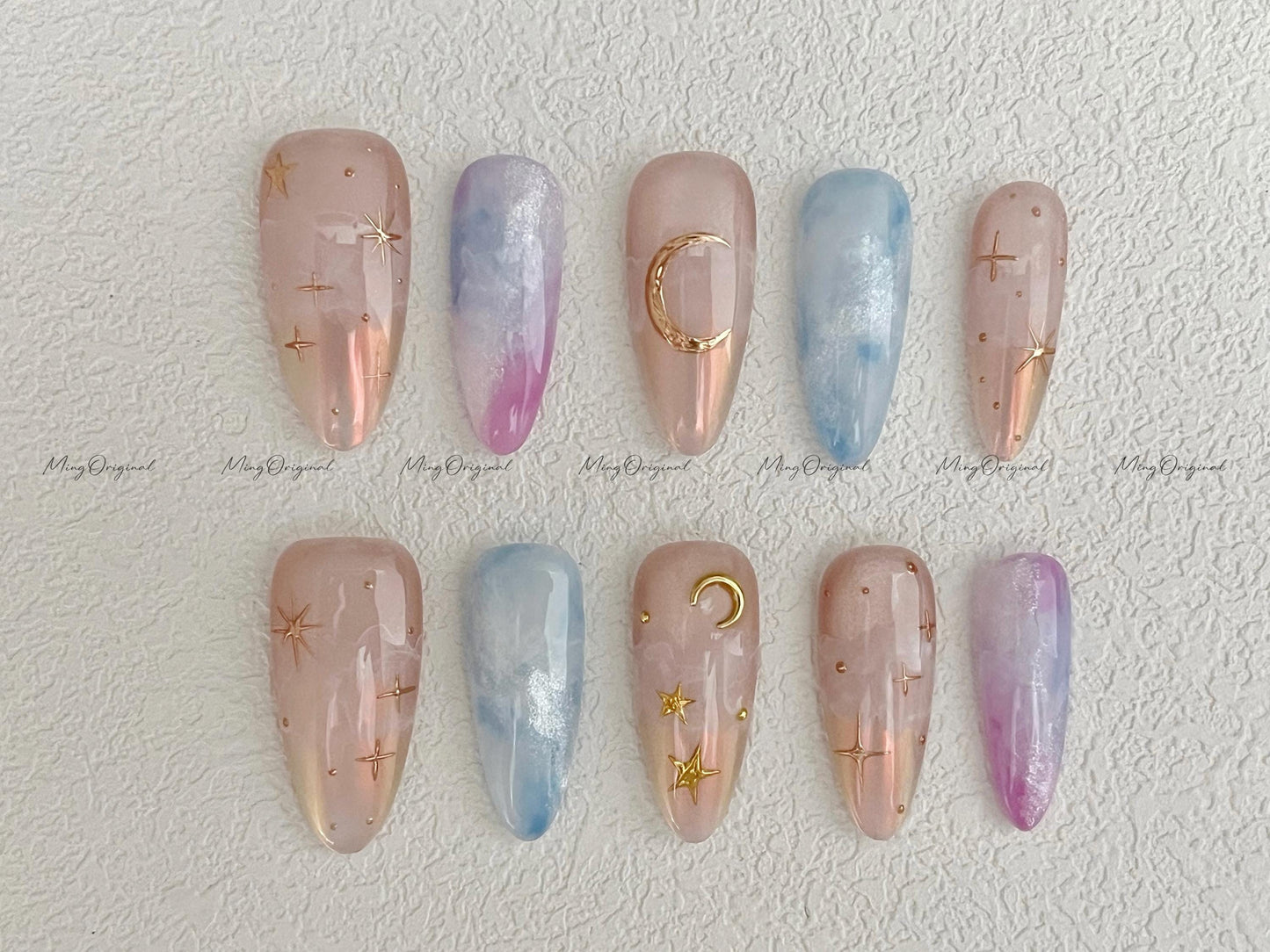 Celestial Bloom dreamy cloud press on nails, pink blue shimmer nails, moon and star ethereal celestial nails, handmade galaxy nail,MO503