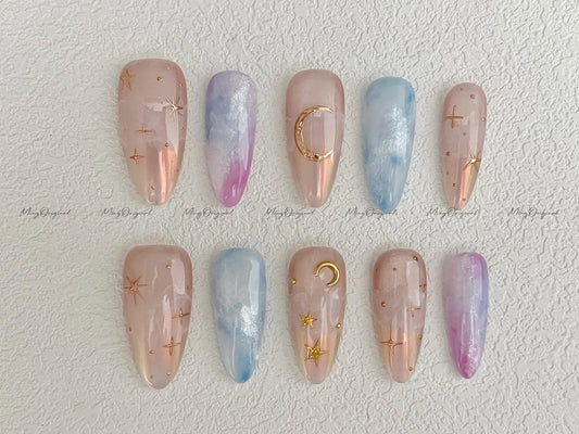 Celestial Bloom dreamy cloud press on nails, pink blue shimmer nails, moon and star ethereal celestial nails, handmade galaxy nail,MO503