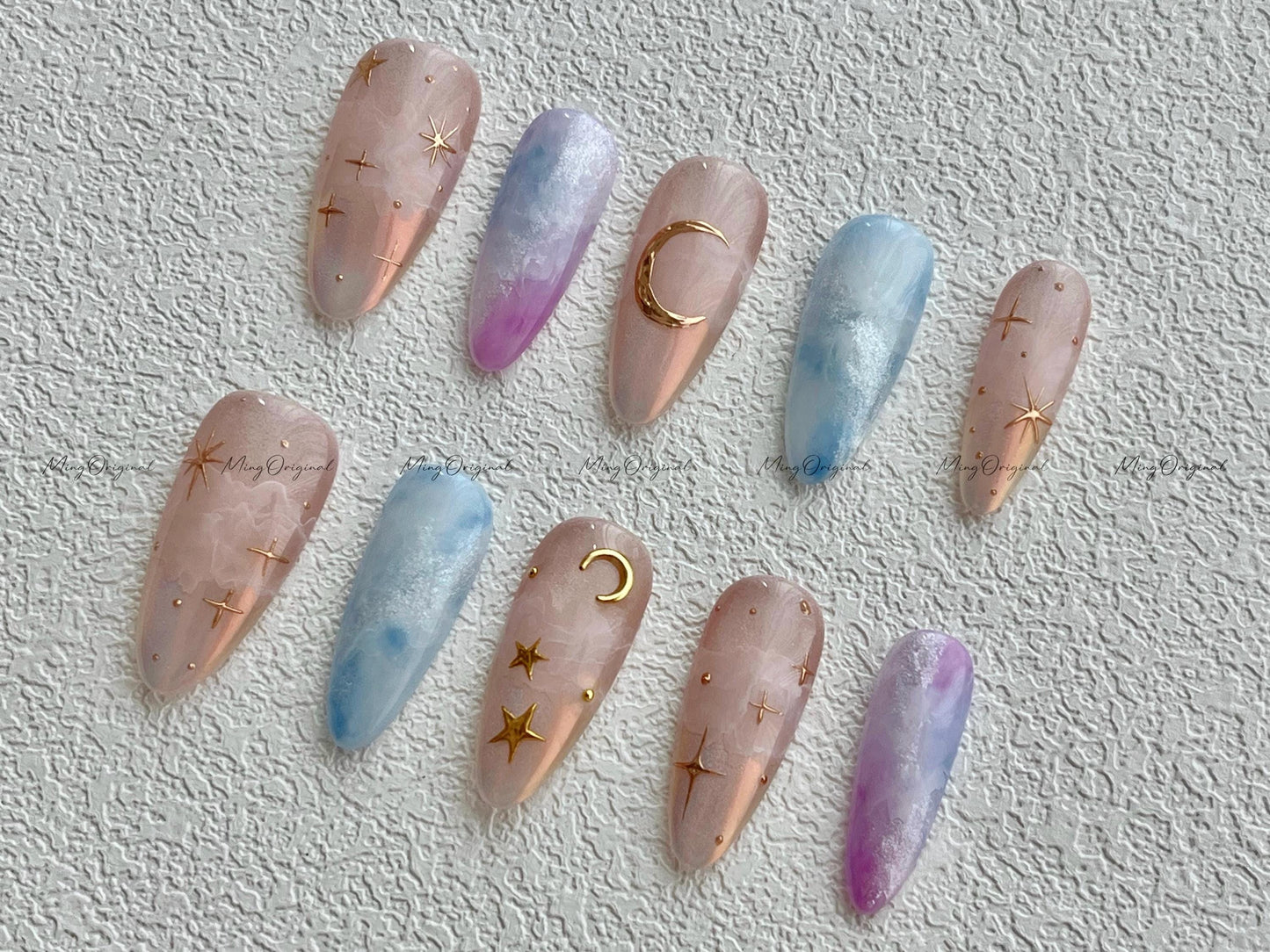Celestial Bloom dreamy cloud press on nails, pink blue shimmer nails, moon and star ethereal celestial nails, handmade galaxy nail,MO503