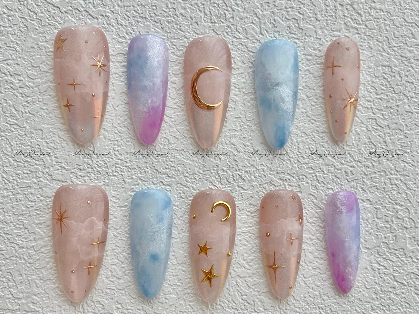Celestial Bloom dreamy cloud press on nails, pink blue shimmer nails, moon and star ethereal celestial nails, handmade galaxy nail,MO503