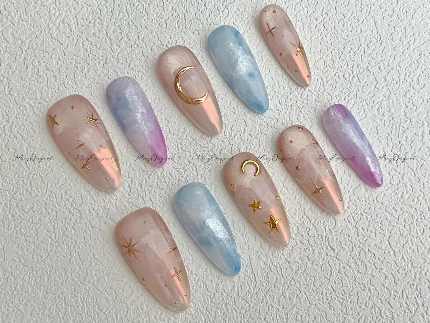 Celestial Bloom dreamy cloud press on nails, pink blue shimmer nails, moon and star ethereal celestial nails, handmade galaxy nail,MO503