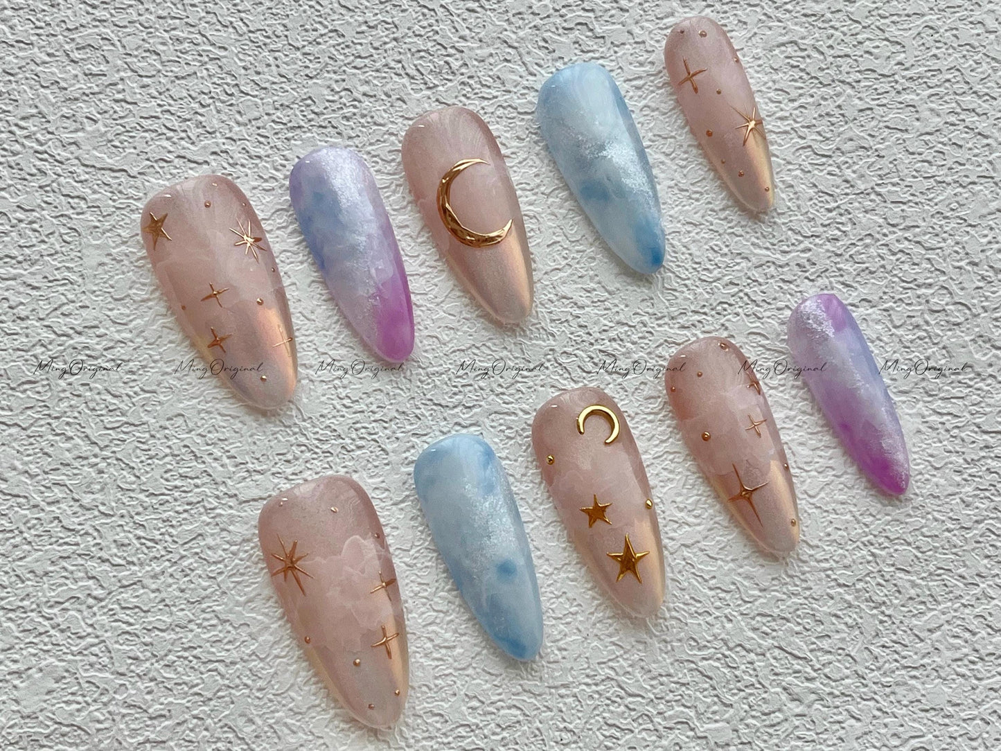 Celestial Bloom dreamy cloud press on nails, pink blue shimmer nails, moon and star ethereal celestial nails, handmade galaxy nail,MO503