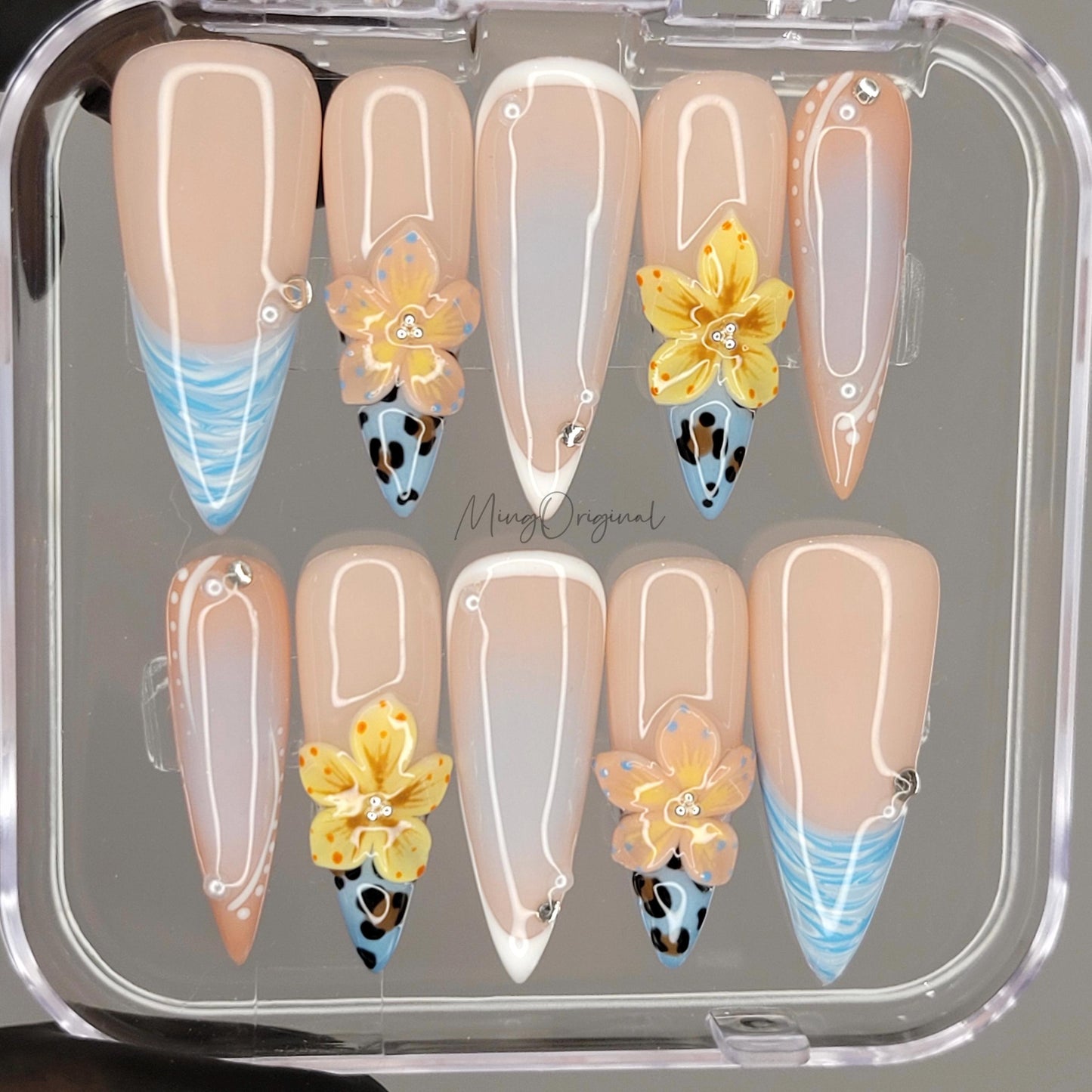 Summer Dune Press On Nails, Yellow 3D Floral Soft Nude with Animal Print Accents, Handmade Blue Ocean Beach-Inspired, gift for her, MO473