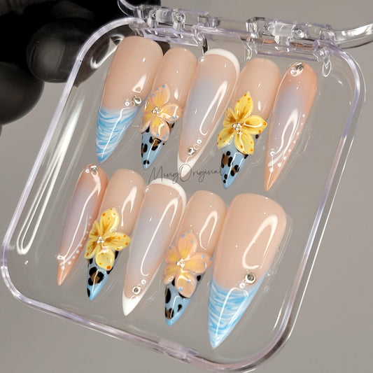 Summer Dune Press On Nails, Yellow 3D Floral Soft Nude with Animal Print Accents, Handmade Blue Ocean Beach-Inspired, gift for her, MO473