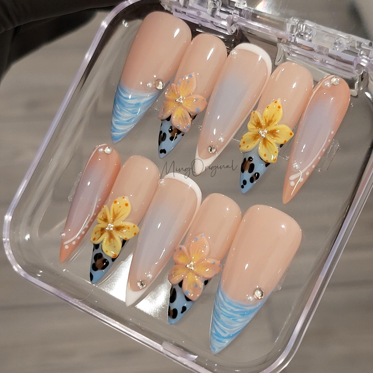 Summer Dune Press On Nails, Yellow 3D Floral Soft Nude with Animal Print Accents, Handmade Blue Ocean Beach-Inspired, gift for her, MO473