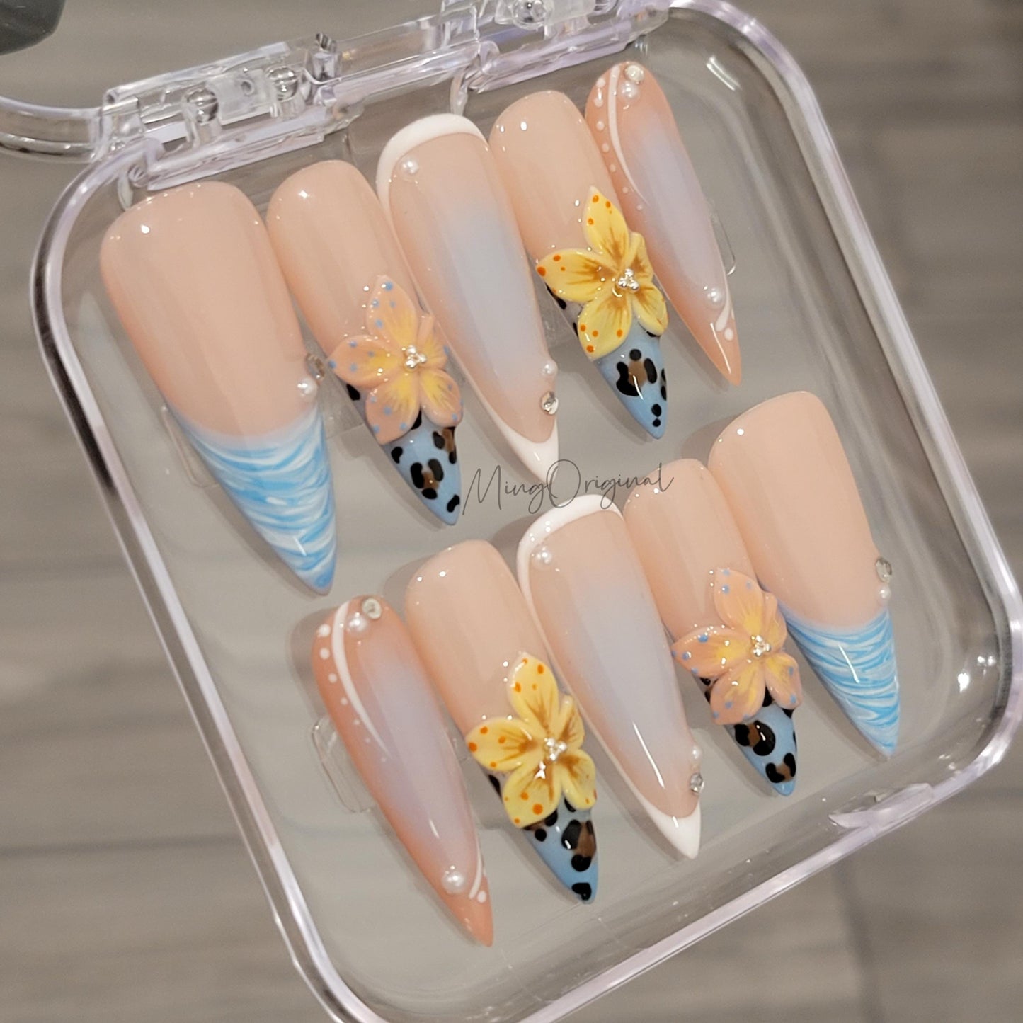Summer Dune Press On Nails, Yellow 3D Floral Soft Nude with Animal Print Accents, Handmade Blue Ocean Beach-Inspired, gift for her, MO473