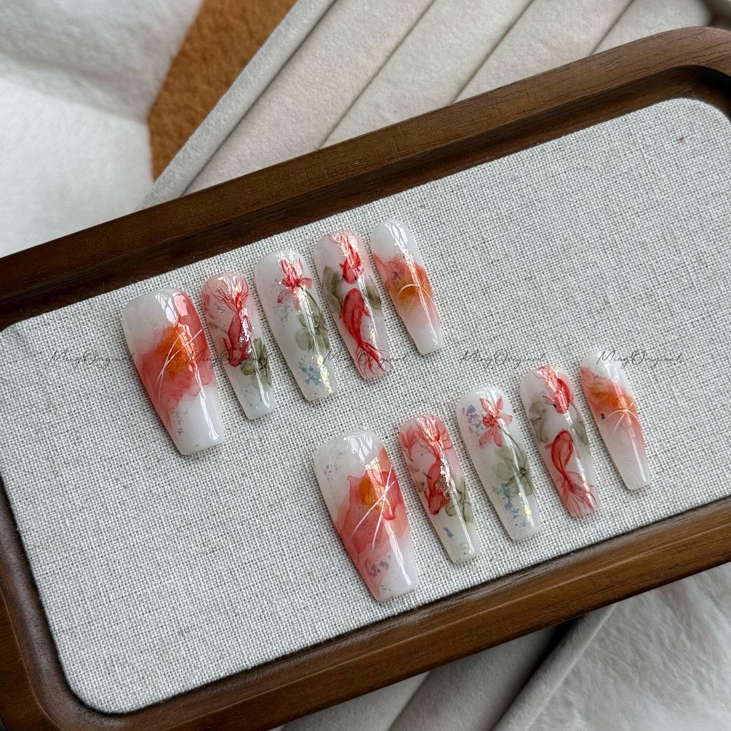 Lucky Red Koi Fish Press On Nails, Hand-painted water color goldfish nail art, reusable summer aquarium nails,Vacation gift MO505