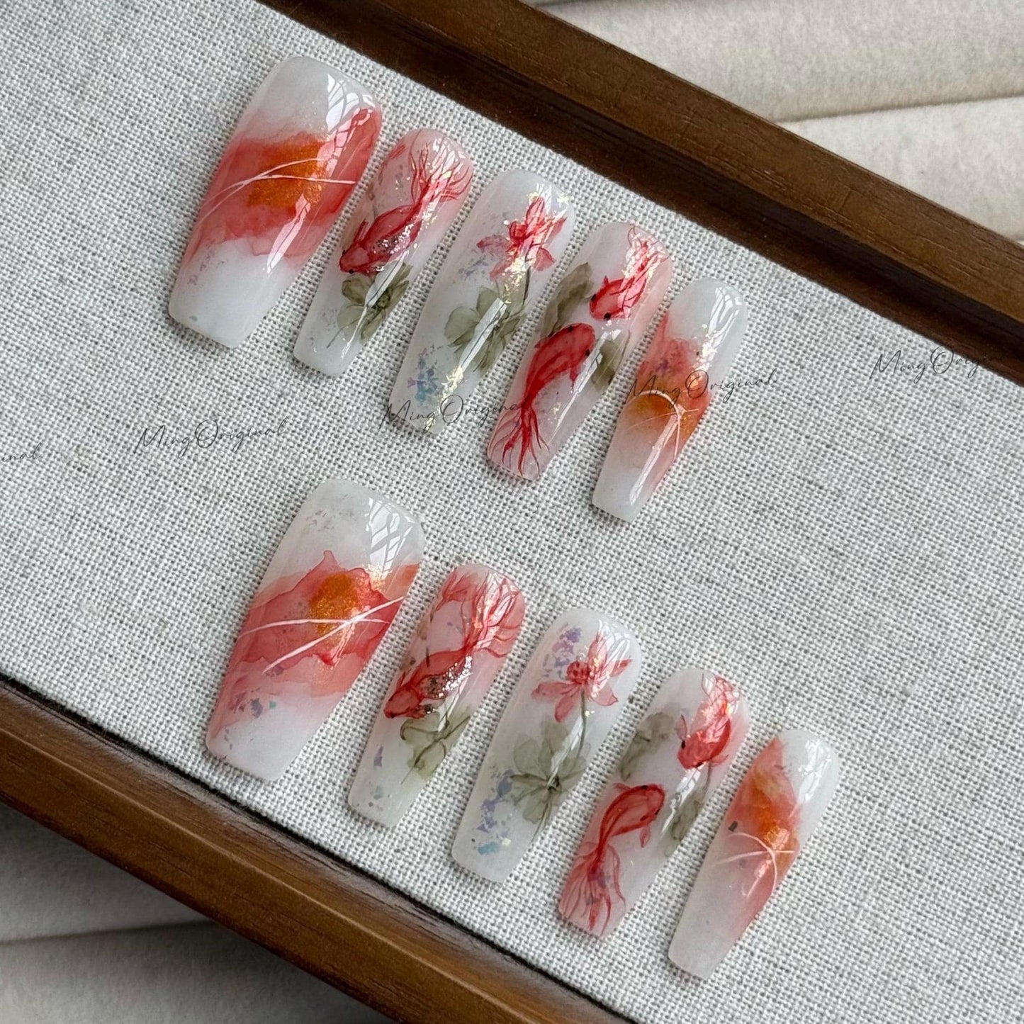 Lucky Red Koi Fish Press On Nails, Hand-painted water color goldfish nail art, reusable summer aquarium nails,Vacation gift MO505