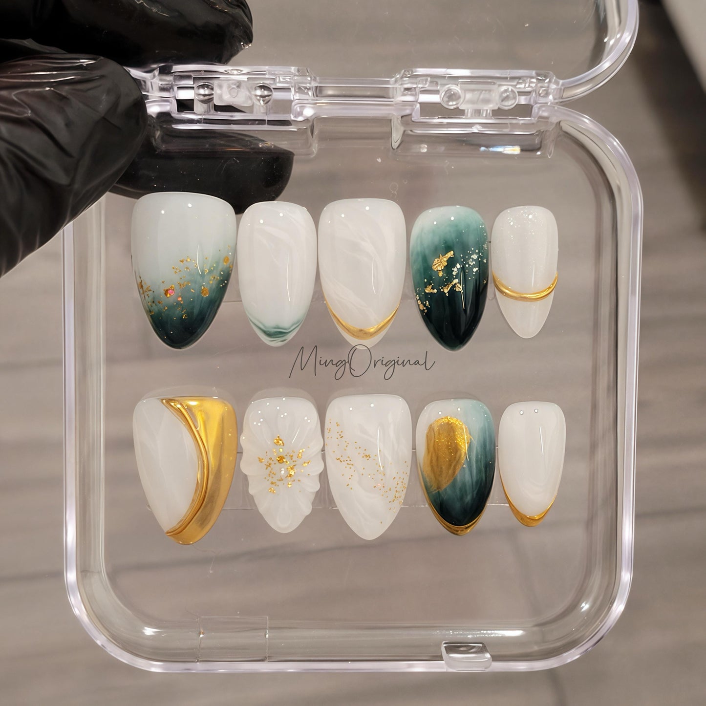 Golden Silence Press On Nails, Elegant White Emerald Green Nails with Gold Foil, Beach Vibe Vacation gift for her,MO474