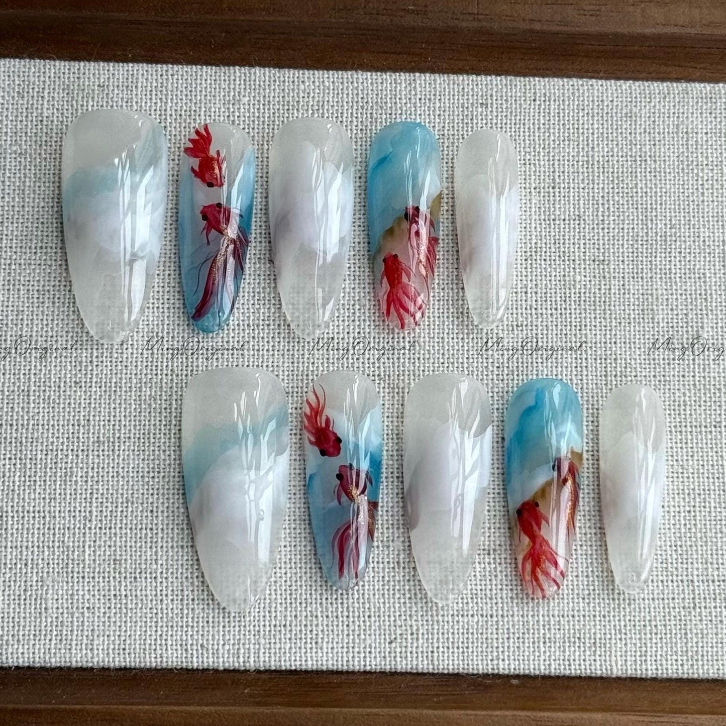 Lucky Koi Fish in the Water Press On Nails, Hand-painted water color goldfish nail art, reusable summer aquarium nails,Vacation gift MO506