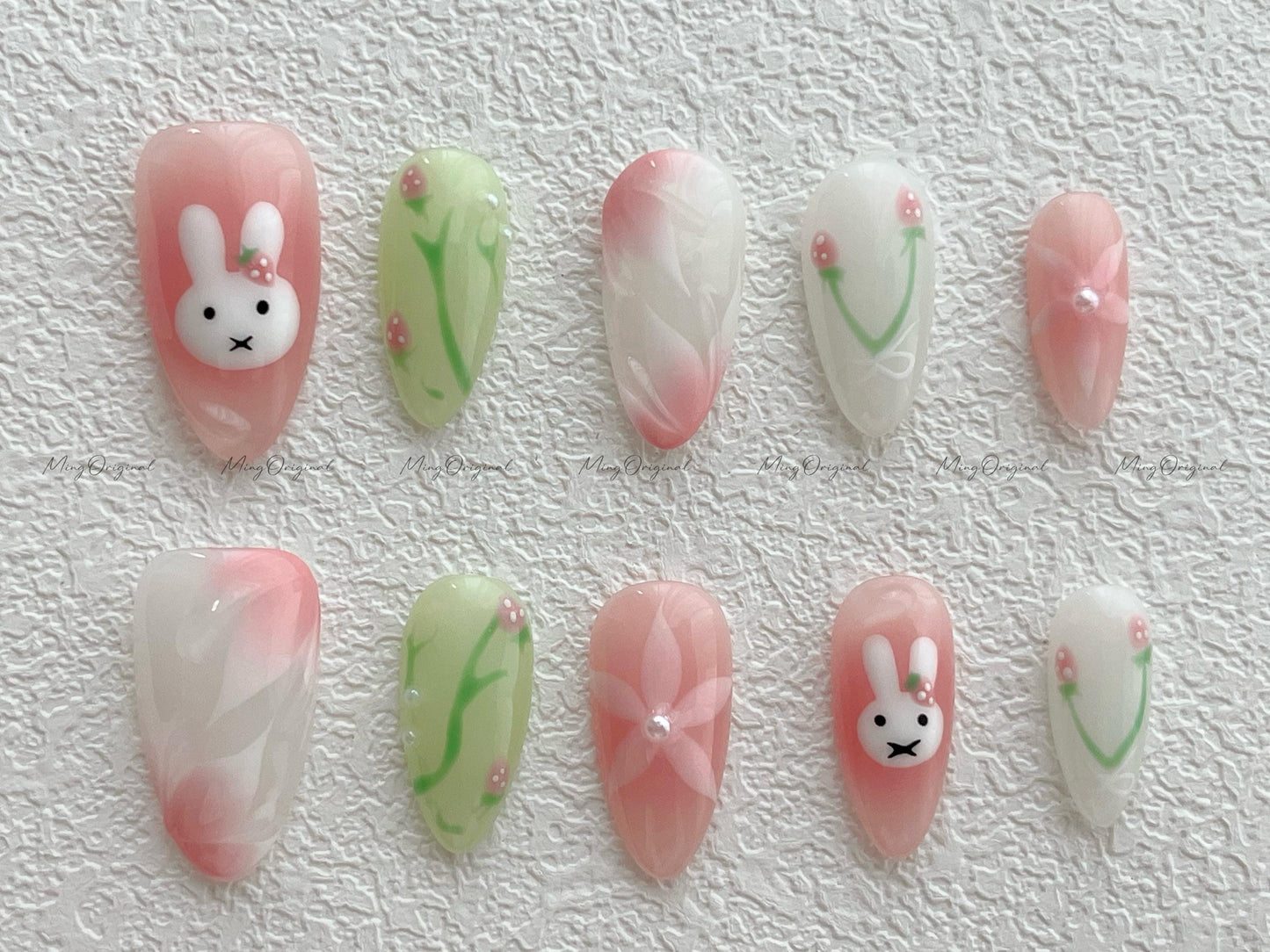 Cute bunny and flower press on nail, soft pastel milky green and pink color nail,  jelly fake nail, holiday birthday gift for her,MO507