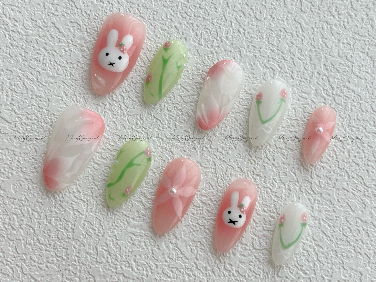 Cute bunny and flower press on nail, soft pastel milky green and pink color nail,  jelly fake nail, holiday birthday gift for her,MO507