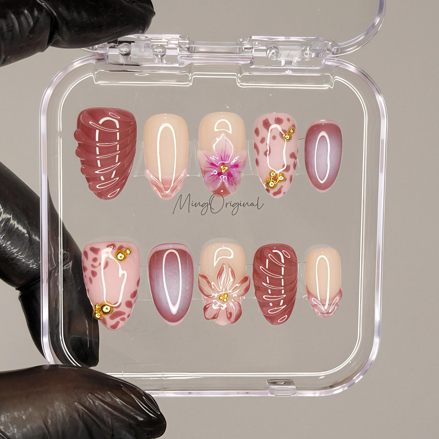 Dusty Petal Dance Press On Nails, Mauve Pink Floral Nails with Animal Print Accents,Handmade Romantic Blush Set, Vacation gift for her MO475