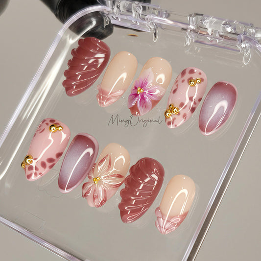 Dusty Petal Dance Press On Nails, Mauve Pink Floral Nails with Animal Print Accents,Handmade Romantic Blush Set, Vacation gift for her MO475