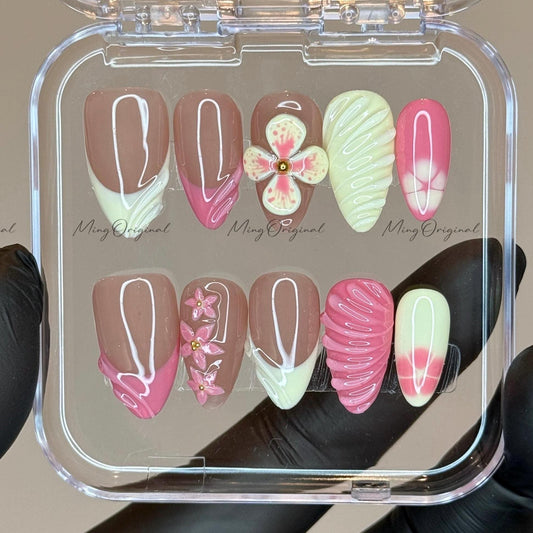 Yellow 3D Floral Press On Nails, soft yellow and pink, 3d swirls and French tip Handmade Beach-Inspired, vacation holiday gift for her,MO508