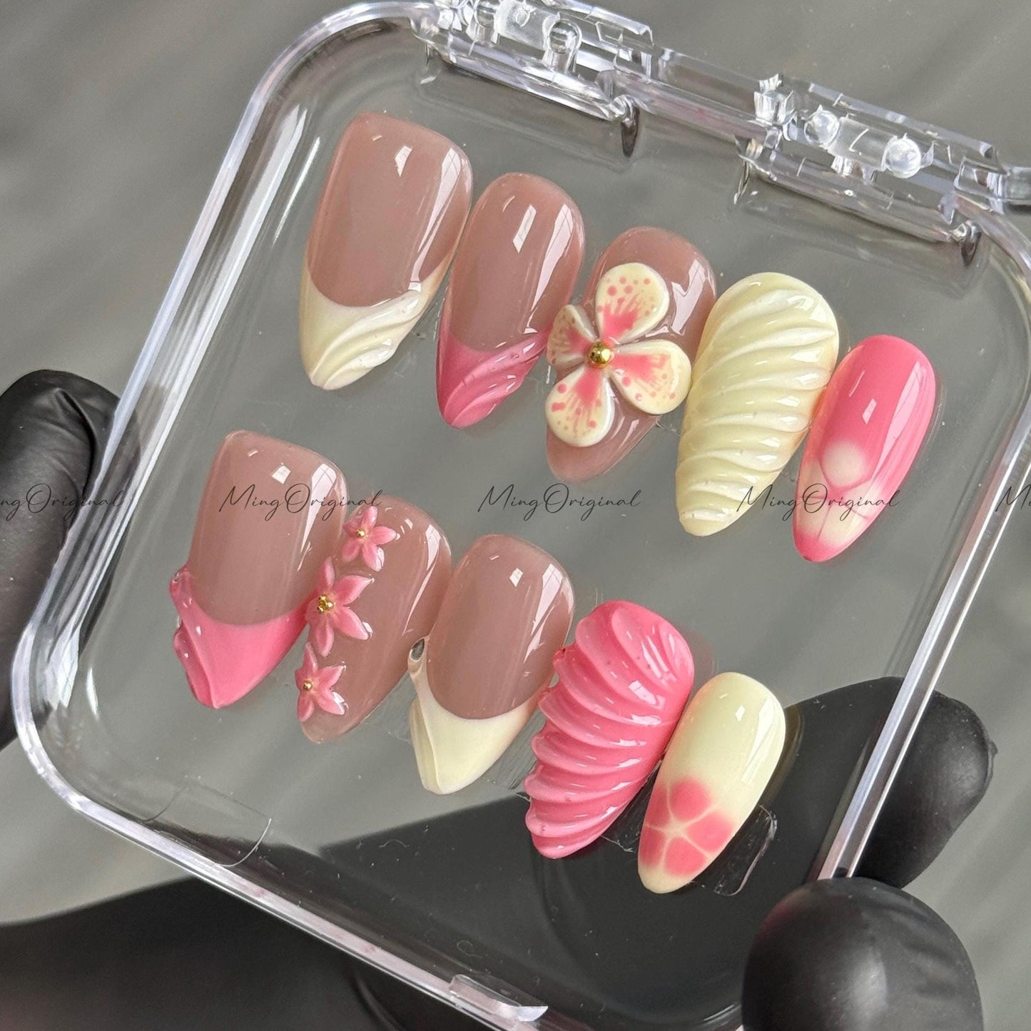 Yellow 3D Floral Press On Nails, soft yellow and pink, 3d swirls and French tip Handmade Beach-Inspired, vacation holiday gift for her,MO508
