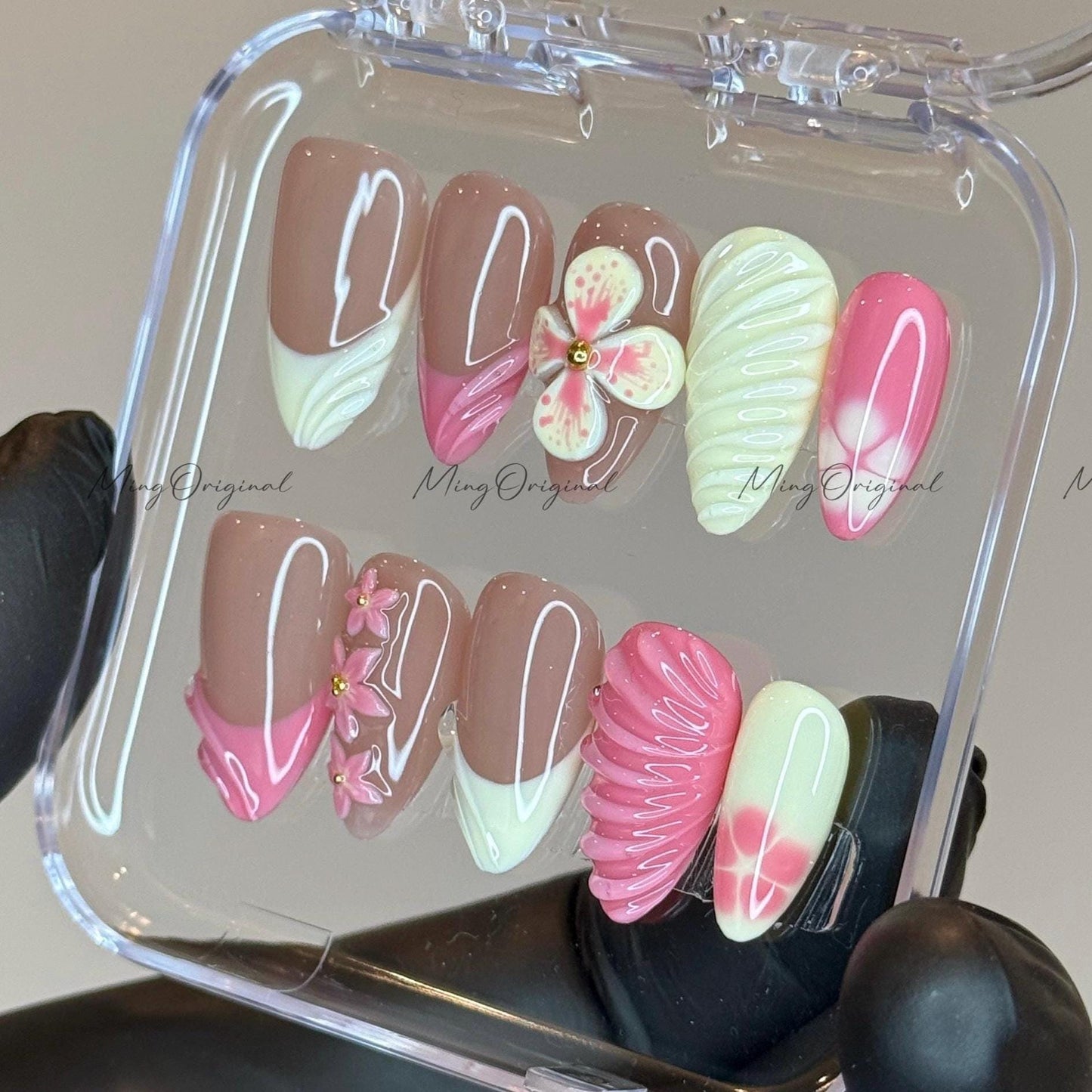 Yellow 3D Floral Press On Nails, soft yellow and pink, 3d swirls and French tip Handmade Beach-Inspired, vacation holiday gift for her,MO508