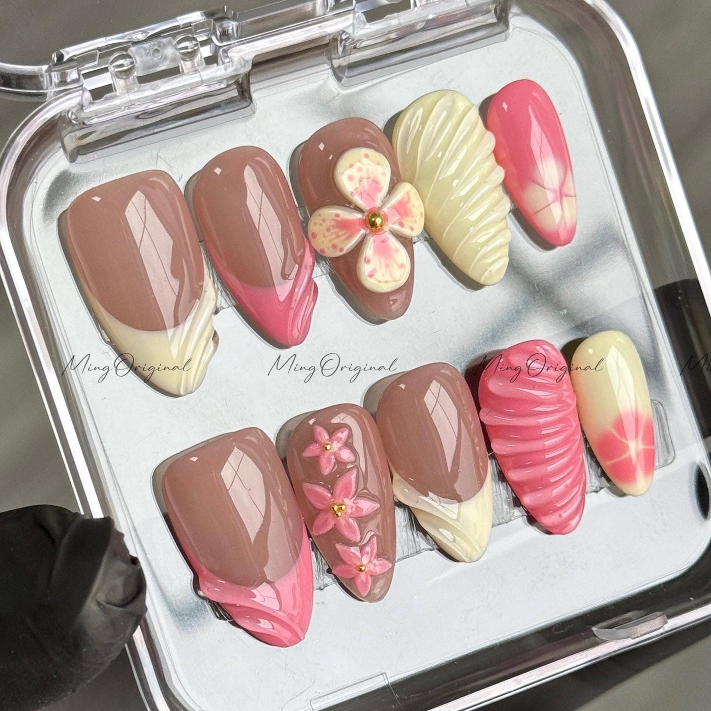 Yellow 3D Floral Press On Nails, soft yellow and pink, 3d swirls and French tip Handmade Beach-Inspired, vacation holiday gift for her,MO508