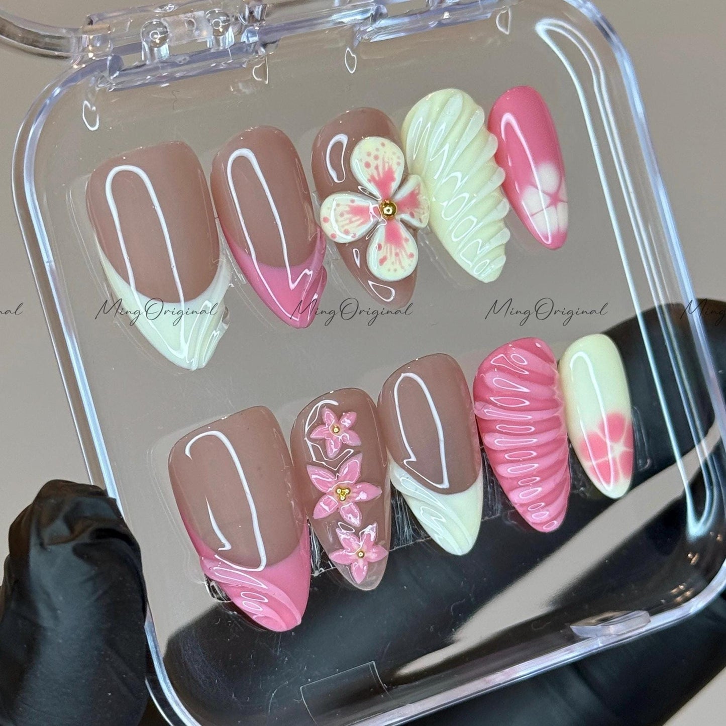 Yellow 3D Floral Press On Nails, soft yellow and pink, 3d swirls and French tip Handmade Beach-Inspired, vacation holiday gift for her,MO508