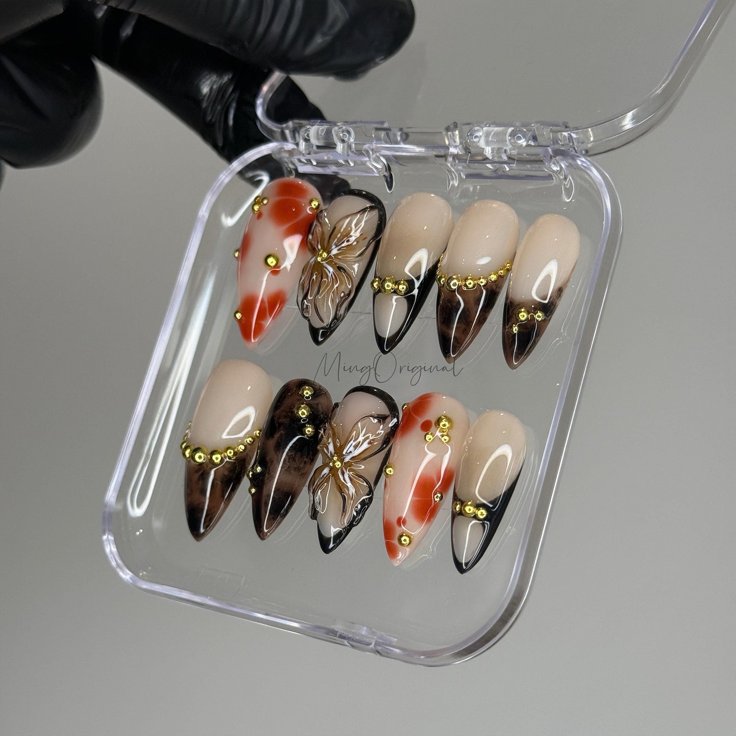 Firewood Garden Press On Nails, Handmade Tortoise Shell Nails with 3D Florals & Gold Details, Smoky Burnt Orange,Vacation gift for her,MO476